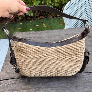 Brighton Woven Straw Purse with Brown Leather Strap Side Pockets Floral Interior